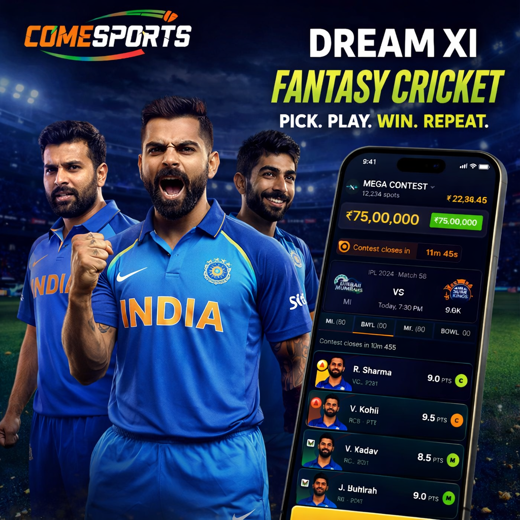 Come Sport App fantasy cricket and India team visual